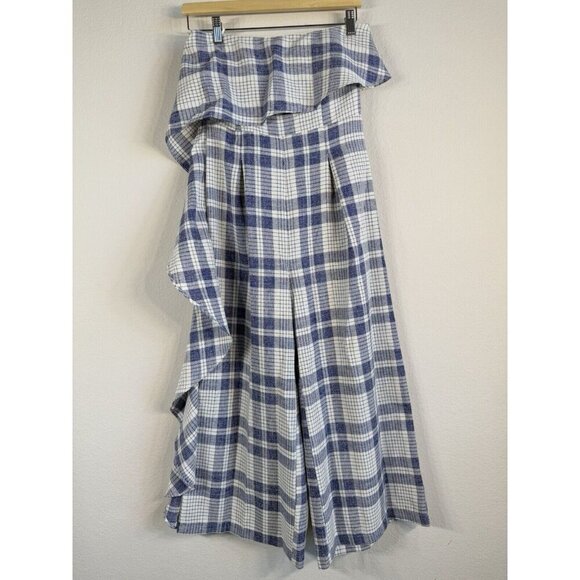 Gianni Bini Women’s Ruffle Front Navy White Plaid Culotte Jumpsuit Romper Size S - Picture 2 of 15